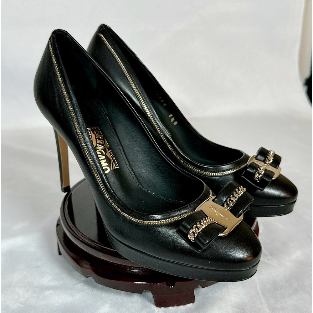 Salvatore Ferragamo Women’s Black Leather Heels with Gold Trim